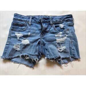 American Eagle Next level Stretch Blue Jean Shorts Distressed Midi Size 4